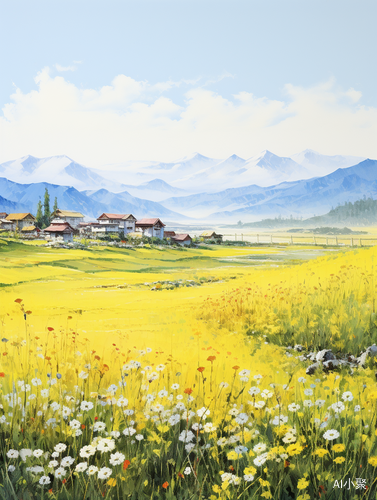 Spring Countryside: Yellow Green Grassland, Blooming Flowers and Distant Mountains