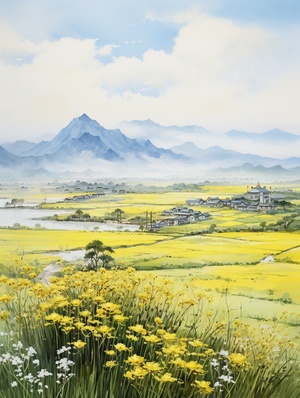 Spring countryside, yellow green grassland, blooming yellow and white small flowers, blue sky, distant mountains, with mills and small houses embellished in the distance, ,Pixar, high detail, 8k