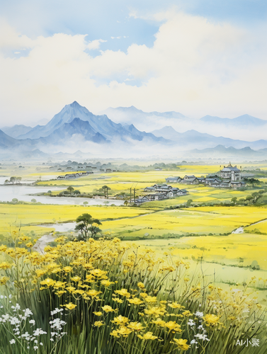 Spring Countryside: Yellow Green Grassland, Blooming Flowers and Distant Mountains