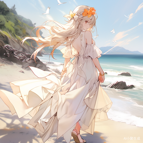 海滩上的淡黄色长裙美女