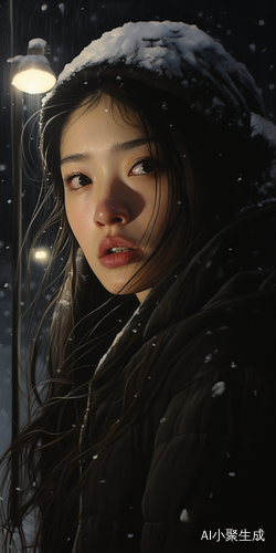 夜晚大雪中的中国女人
