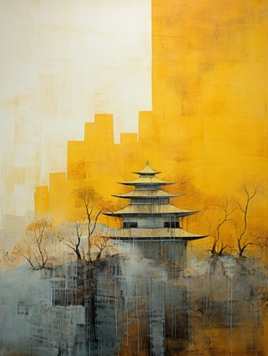 Minimalist structure, Abstract Art Painting painting with the texture of rice paper, Yellow brown and turquoise blue, Stone Mountain of Blocks, There is a royal temple on the distant mountain, Chinese garden landscape, Palace maid picture, Welcome pine, palace corridor