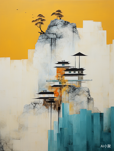 Minimalist Chinese Garden Landscape with Abstract Art Painting