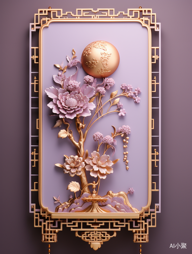 Chinese Relief Mural and Gold Inlaid Jade Carving with Traditional Lantern on Light Purple Minimalist Background