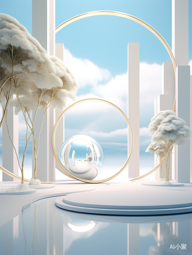 Gold tone minimalist stagedesign with dreamy depiction and serene outdoor rendering