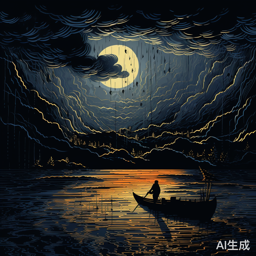 湖畔乌云密布，船上水花激起水墨风