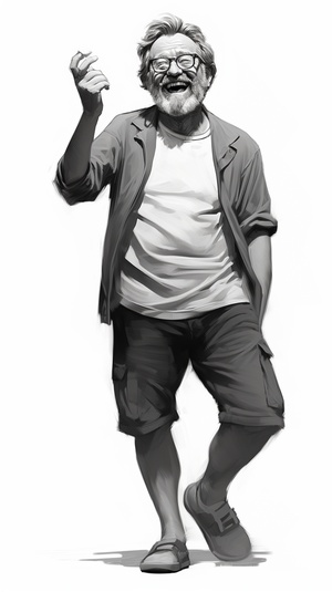 solo, smile, 1boy, monochrome, full_body, closed_eyes, greyscale, male_focus, shoes, glasses, shorts, grin, sketch, facial_hair, sneakers, beard, clenched_hands, antennae, Chinese oldman