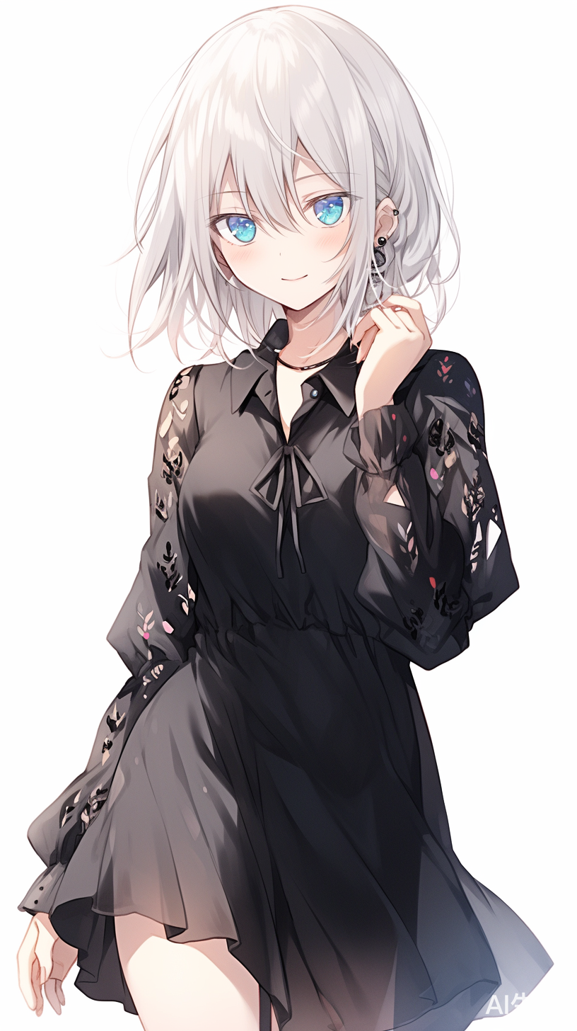 女孩微笑，白色头发蓝色眼睛，短发黑色礼服