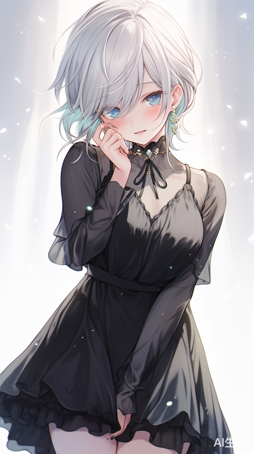 女孩微笑，白色头发蓝色眼睛，短发黑色礼服