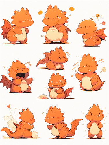 Nine poses and expressions for cute dragon in graffiti style