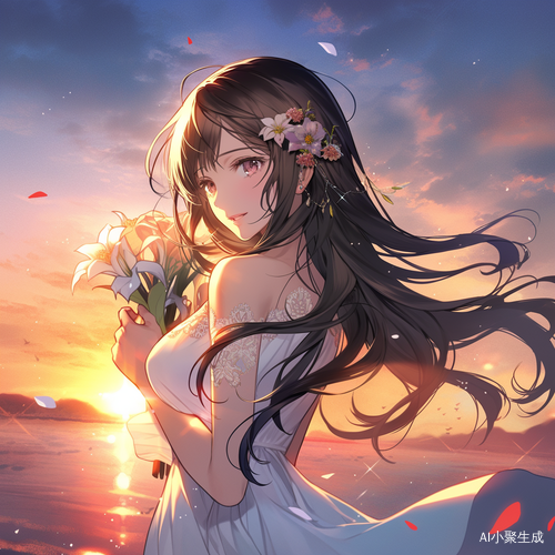 害羞美少女在花海中穿着内衣，长发高瘦俏美吸引着眼球