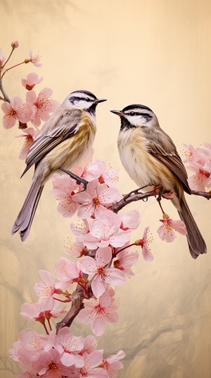 A sweet couple of orioles,blooming plum blossoms and floating auspicious clouds,traditional gossamer texture of silk,bright colors over a light beige warm tone,crafted in 8k resolution,suitable for astunning wallpaper