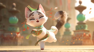 中国风，可爱版吉祥物敦煌猫咪，Cartoon cat,full body,3D,disney style,Chinese palace museum wall background,8k,C4D,Blender,OC renderer,ultra HD，洛阳伽蓝记，敦煌飞天猫咪，印度文化、西域文化，飘逸的衣裙、飞舞的彩带而凌空翱翔的飞天，猫咪身披霓裳，轻纱曼舞，飘带旋绕，姿态轻盈。猫咪手捧花盘，洒落的是无尽的福泽;猫咪手持琵琶，弹奏出美妙的乐章;猫咪手挥佛珠，梦幻，天空飘落花瓣飞花，身体悬浮飞舞在空中，远景，全景，全身，高细节，高品质，大师作，神情安详，高贵典雅，3D，立体渲染