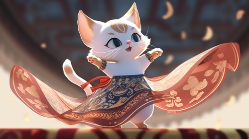 中国风，可爱版吉祥物敦煌猫咪，Cartoon cat,full body,3D,disney style,Chinese palace museum wall background,8k,C4D,Blender,OC renderer,ultra HD，洛阳伽蓝记，敦煌飞天猫咪，印度文化、西域文化，飘逸的衣裙、飞舞的彩带而凌空翱翔的飞天，猫咪身披霓裳，轻纱曼舞，飘带旋绕，姿态轻盈。猫咪手捧花盘，洒落的是无尽的福泽;猫咪手持琵琶，弹奏出美妙的乐章;猫咪手挥佛珠，梦幻，天空飘落花瓣飞花，身体悬浮飞舞在空中，远景，全景，全身，高细节，高品质，大师作，神情安详，高贵典雅，3D，立体渲染