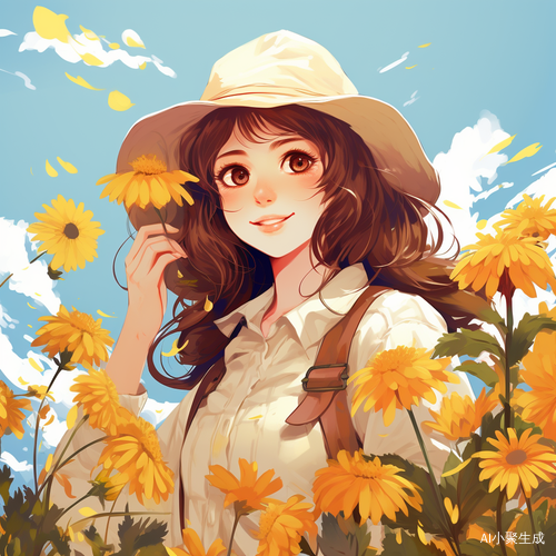 可爱女孩手捧鲜花的春天插画