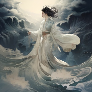 A Chinese woman in white Hanfu stands on the water, with mountains and rivers behind her. She is dressed in gorgeous robes that flow like ripples of waves under them. Her hair is coiled up high, and she wears an elegant crown on top of it. The background features dark clouds, creating a mysterious atmosphere. This artwork has been created in the style of Guo Zhen for use as cover art, in the style of Chinese painting.