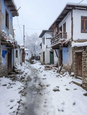 snow scene, old house, mud wall tile house, roof covered with snow, tile gaps looming,house walls made of stone,multiple houses, villages, heavy snow on the road, scattered leaves and footprints in the snow, there are stone courtyard walls around the village, some houses are closed, some houses are open, couplets are pasted on the door of the house, chinese new year atmosphere, nostalgic style,real photography effects, real camera shooting