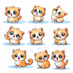 A cute and exquisite cat. multiple poses and expressions. happy, exaggerated, angry, happy, scared, surprised, sad, angry, helpless, crying, etc. Different emotions, cartoon style, illustrations - cute in nit 5 style. Emoji is a collection of illustrationswith a boost comic line style