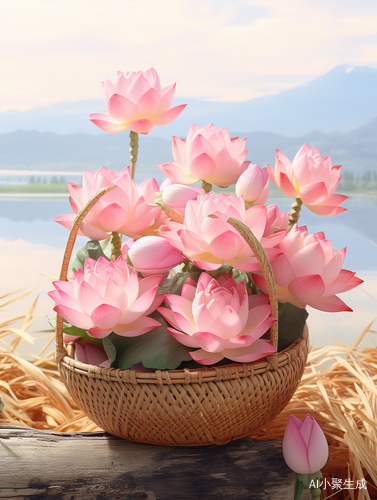 Surreal 3D Landscapes: Pink Lotus Flowers in a Basket