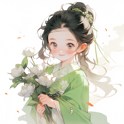 90年代动漫风格的绿色汉服女孩手持白色玫瑰花
