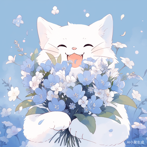 Happy White Cartoon Cat with Blue Flower in High Definition