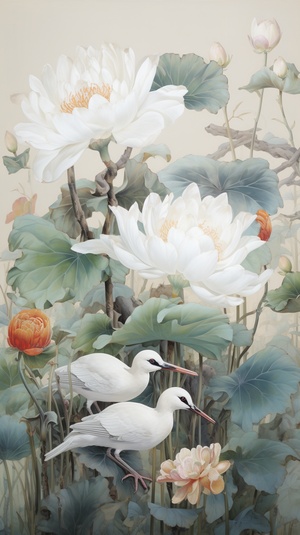 a painting shows birds in a lotus, in the style of white and gray, romantic illustration, monumental murals, gutai group, realistic color schemes, cloisonnism, wlop v 6.0 ar 9:16