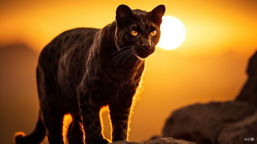 Cute Big Cat Standing Under Warm Illuminated Sky