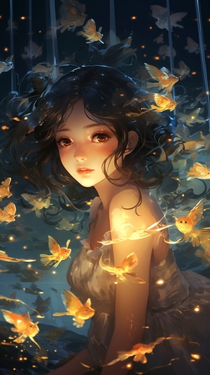 最高画质，杰作，A fantasy character with butterfliesgrowing in the sea, girl, Asian girl, platinum long hair, face Sailor Moon, girl with golden tears in her eyes, Japanese manga style, light white and light gold style, Makoto Shinkai, glowing lights, cute and dreamy, atey ghailan, dark gold and gold, light white and dark blue, extremely bright reflections, overexposed, sparkling, high brightness