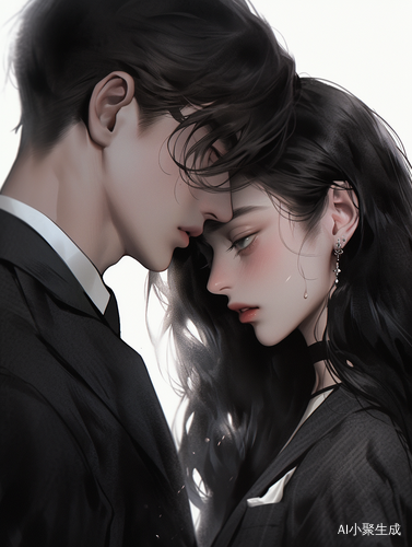 梦幻写实：现代情侣插画，男生黑色短发，女生大眼睛露背礼服