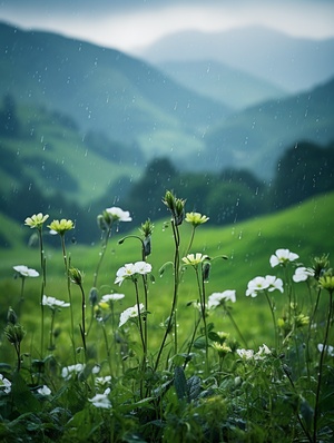 细雨绵绵春意寒，轻烟袅袅绕山间，山谷中隐约传来鸟语花香。蓝灰色的天空中弥漫着湿润的气息，微风轻拂着细雨滴在花瓣上。湿润的草地上，翠绿的小草仍然挺立着，它们身上沾满了雨露的痕迹。水滴顺着叶片滚落，在细雨中形成美丽的水珠。山间的青石路上映着微弱的光芒，被细雨洗涤得更加干净。在这样的春天，小鸟们在树梢上低语，花朵们含苞待放，山间弥漫着一片神秘而宁静的氛围。