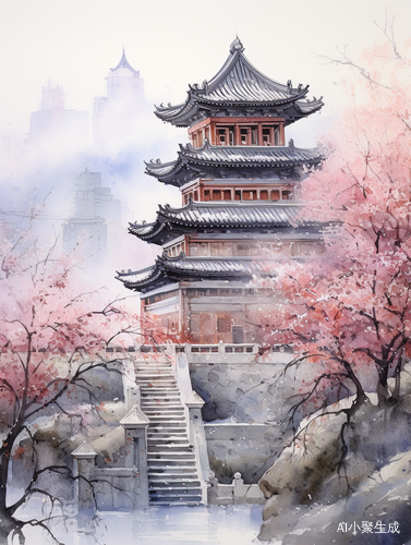 Ancient Chinese Architectural Watercolor Painting