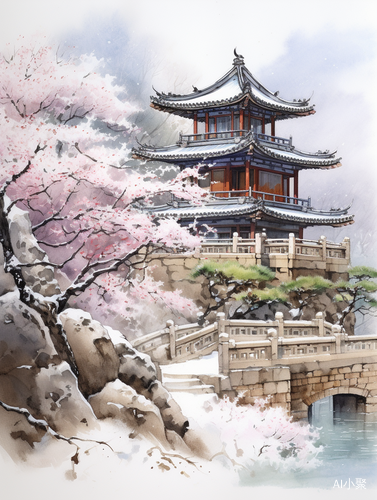 Ancient Chinese Architectural Watercolor Painting