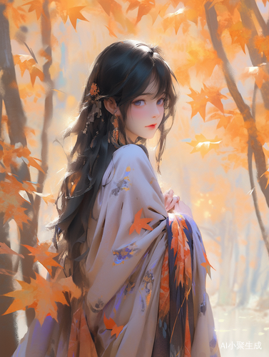 秋古装少女，黑发蓝眸，蓝披肩金枫林立全身图