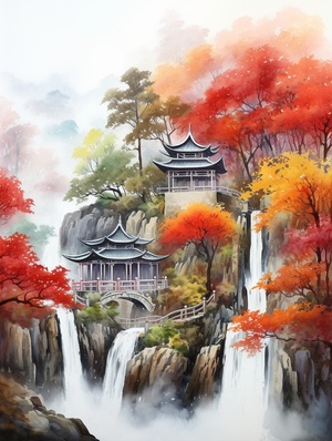 秋天Ancient Chinese architectural watercolor painting, temple waterfall, realistic fantasy art style, anti-gravity architectural style, majestic, there are many buildings, palaces, super high details on the mountain, autumn, red maple leaves, fallen leaves falling, wild geese flying in the sky, under the mountain Terraced fields, mature crops, farmers working in the fields harvesting crops, mountain scenery super gravity rendering, high detail, high definition, illustration, white background, extreme highligh