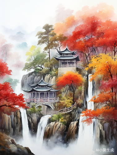 Autumn Chinese Architectural Watercolor Painting
