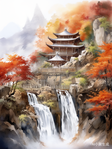 Autumn Chinese Architectural Watercolor Painting