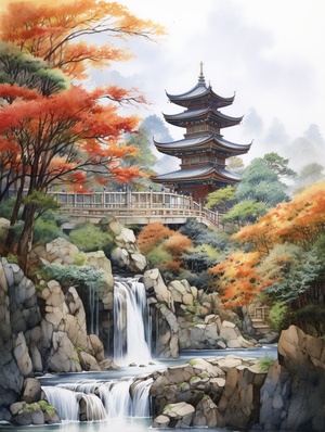 Autumn Chinese Architectural Watercolor Painting