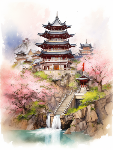 Springtime Watercolor Painting of Ancient Chinese Architecture and Majestic Mountain Scenery