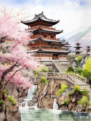 Springtime Watercolor Painting of Ancient Chinese Architecture and Majestic Mountain Scenery