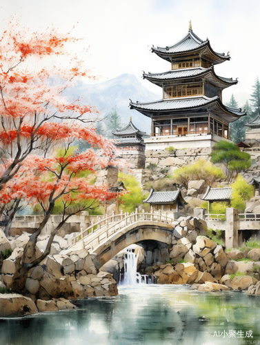 Springtime Watercolor Painting of Ancient Chinese Architecture and Majestic Mountain Scenery