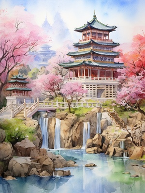 春天Watercolor painting of ancient Chinese architecture, temple waterfall, realistic fantasy art style, anti-gravity architectural style, majestic, ultra-detailed rendering of mountain scenery, high detail, high definition, illustration, white background, extreme close-up perspective, birds flying in the sky,There are many, many buildings, including palaces, with super high details. In spring, there are peach blossoms, apricot blossoms, and spring flowers. ar 3:4 niji 5