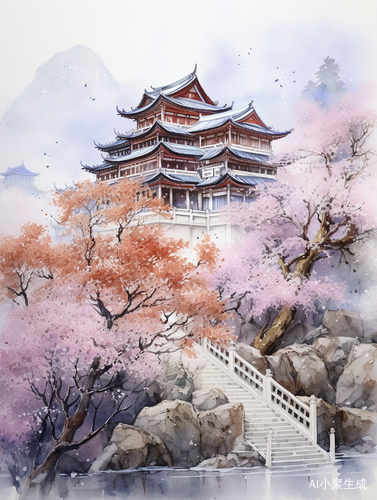 冬日古建水彩画