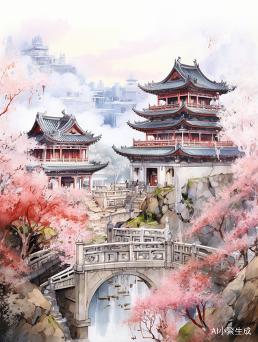 冬日古建水彩画