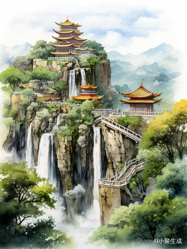 夏日百花盛开的中国古建筑与壮丽山水的水彩绘画