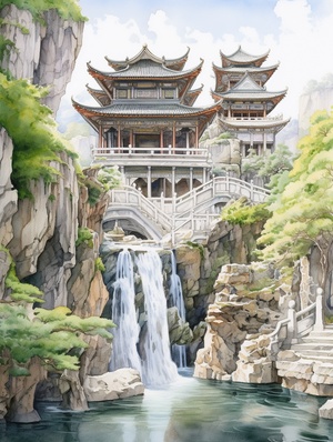 夏天咒语:Watercolor painting of ancient Chinese architecture, temple waterfall, realistic fantasy art style, anti-gravity architectural style, majestic, ultra-detailed rendering of mountain scenery, high detail, high definition, illustration, white background, extreme close-up perspective, birds flying in the sky,There are many, many buildings, including palaces, with super high details. In summer, there are lotus flowers and sunflowers ar 3:4 niji 5