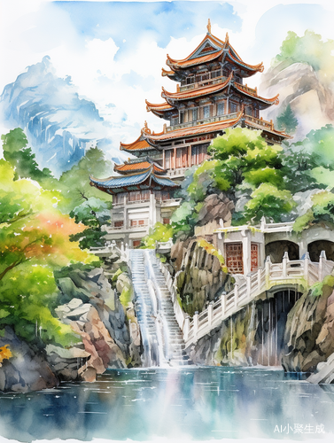 夏日百花盛开的中国古建筑与壮丽山水的水彩绘画