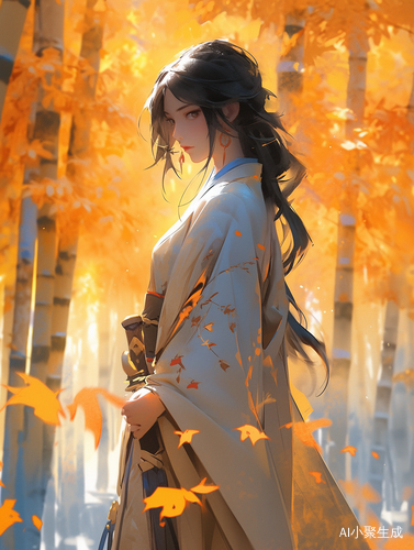 秋武侠少女：金瞳蓝披风，立于枫叶林，光影4K全身图