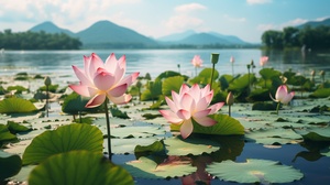 透明的湖水，一朵盛开的大荷花，近景，画面简单，干净