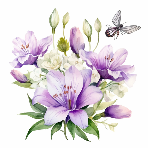 淡紫色风铃花水彩花束上的蜻蜓和绿叶