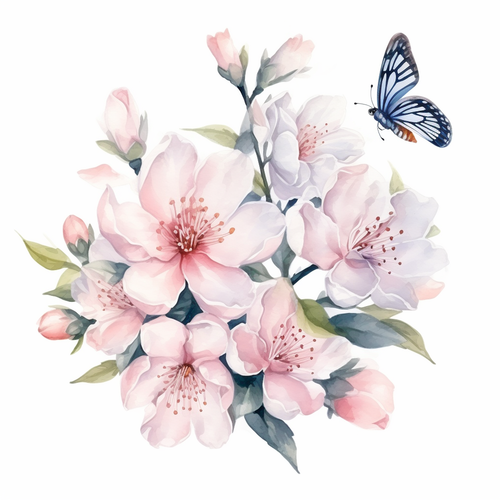 淡粉色桃花水彩花束上的蜻蜓与绿叶
